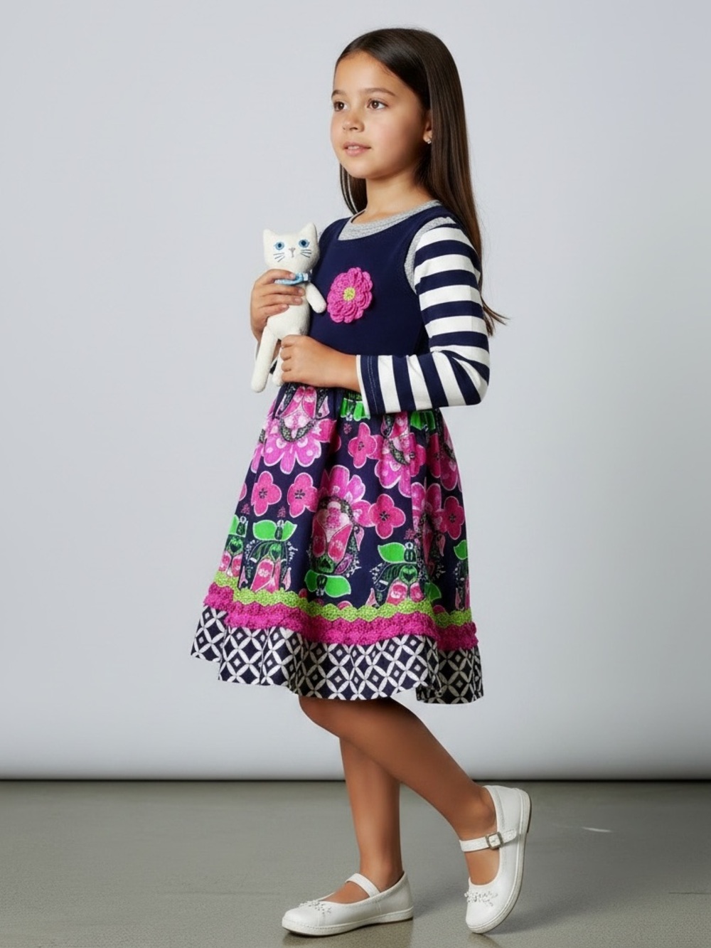 Navy & Pink Floral Stripe Girls' Casual Sweater Dress with Decorative Flower - Picture 11 of 14